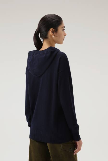 Woolrich Women Wool and Cashmere Blend Hooded Sweater Melton Blue Clothing J026272
