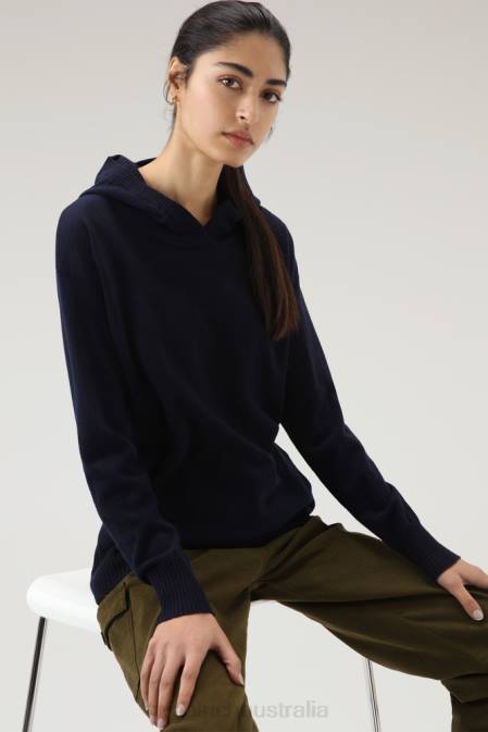 Woolrich Women Wool and Cashmere Blend Hooded Sweater Melton Blue Clothing J026272