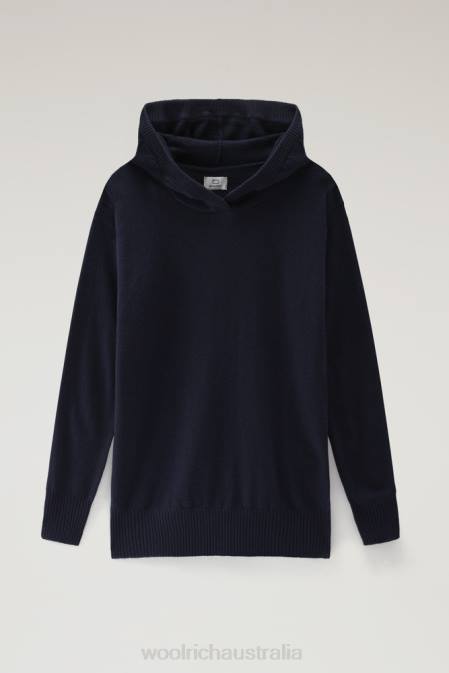 Woolrich Women Wool and Cashmere Blend Hooded Sweater Melton Blue Clothing J026272