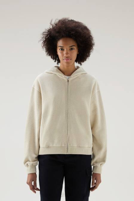 Woolrich Women Full-Zip Hoodie in a Cotton Linen Blend Beach Sand Clothing J02614