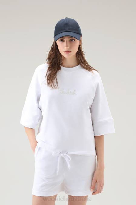 Woolrich Women Pure Cotton Crewneck with Three Quarter Sleeves Bright White Clothing J02669