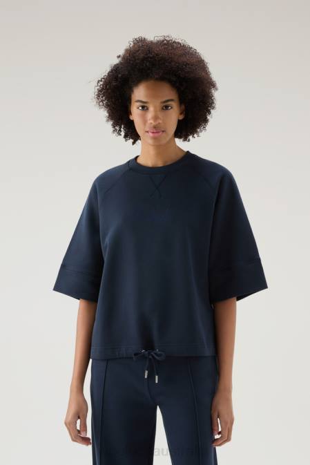 Woolrich Women Pure Cotton Crewneck with Three Quarter Sleeves Melton Blue Clothing J026117