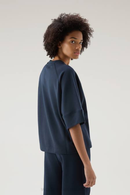 Woolrich Women Pure Cotton Crewneck with Three Quarter Sleeves Melton Blue Clothing J026117