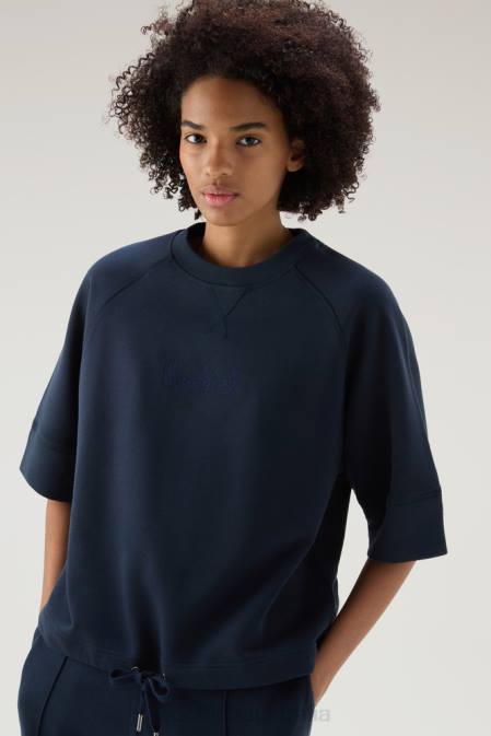 Woolrich Women Pure Cotton Crewneck with Three Quarter Sleeves Melton Blue Clothing J026117