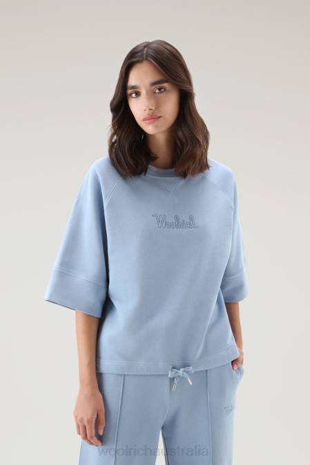 Woolrich Women Pure Cotton Crewneck with Three Quarter Sleeves Pale Indigo Clothing J02679