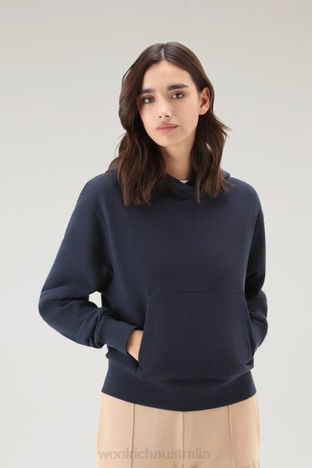 Woolrich Women Pure Cotton Hoodie with Embroidered Logo Melton Blue Clothing J026329