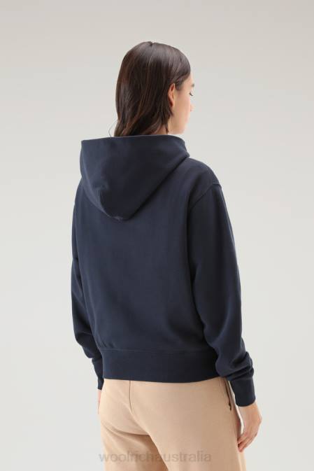 Woolrich Women Pure Cotton Hoodie with Embroidered Logo Melton Blue Clothing J026329