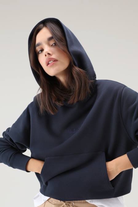 Woolrich Women Pure Cotton Hoodie with Embroidered Logo Melton Blue Clothing J026329