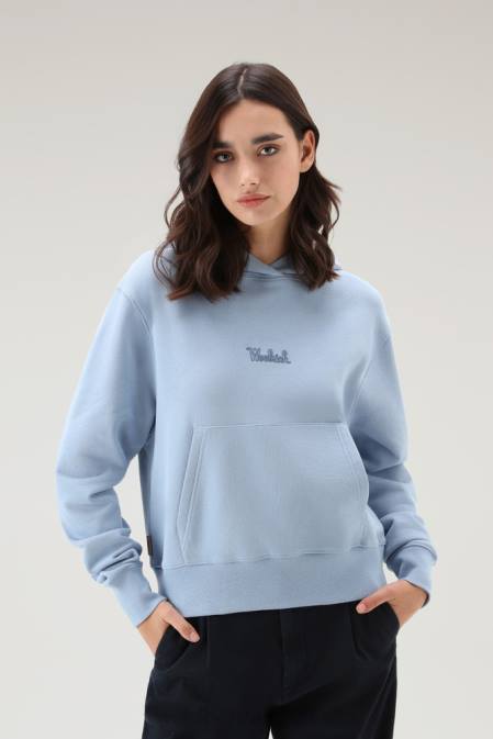 Woolrich Women Pure Cotton Hoodie with Embroidered Logo Pale Indigo Clothing J026328
