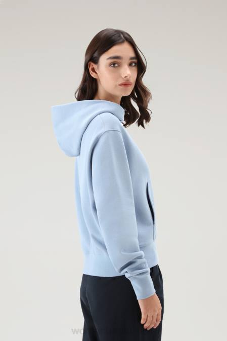 Woolrich Women Pure Cotton Hoodie with Embroidered Logo Pale Indigo Clothing J026328