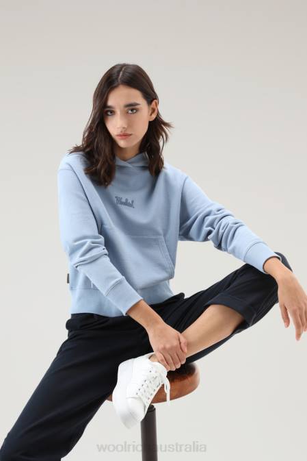 Woolrich Women Pure Cotton Hoodie with Embroidered Logo Pale Indigo Clothing J026328