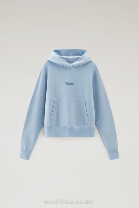 Woolrich Women Pure Cotton Hoodie with Embroidered Logo Pale Indigo Clothing J026328