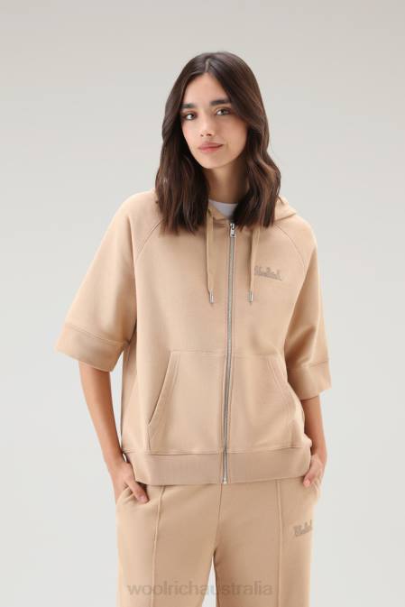 Woolrich Women Pure Cotton Hoodie with Three Quarter Sleeves Feather Beige Clothing J02648