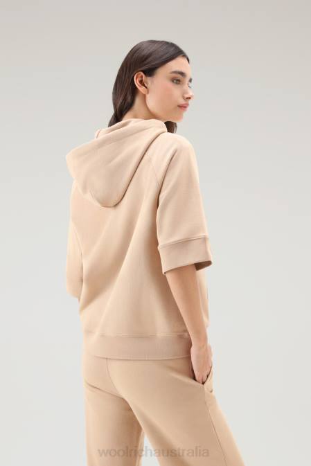 Woolrich Women Pure Cotton Hoodie with Three Quarter Sleeves Feather Beige Clothing J02648