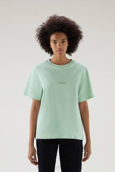 Woolrich Women Embroidered Logo T-shirt in Pure Cotton Harbor Green Clothing J0266