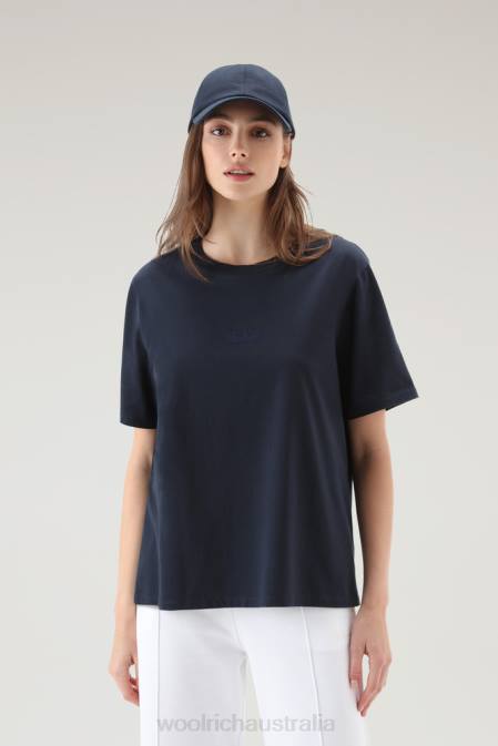 Woolrich Women Embroidered Logo T-shirt in Pure Cotton Melton Blue Clothing J02688