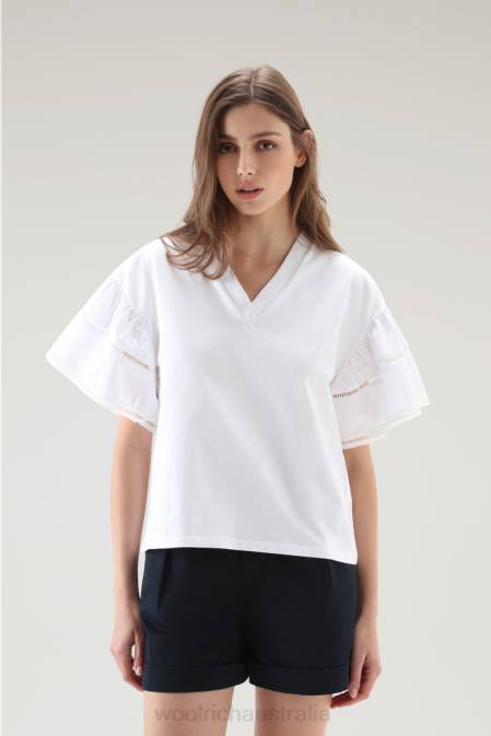 Woolrich Women Lakeside T-shirt in Pure Cotton with Puff Sleeves Bright White Clothing J02680