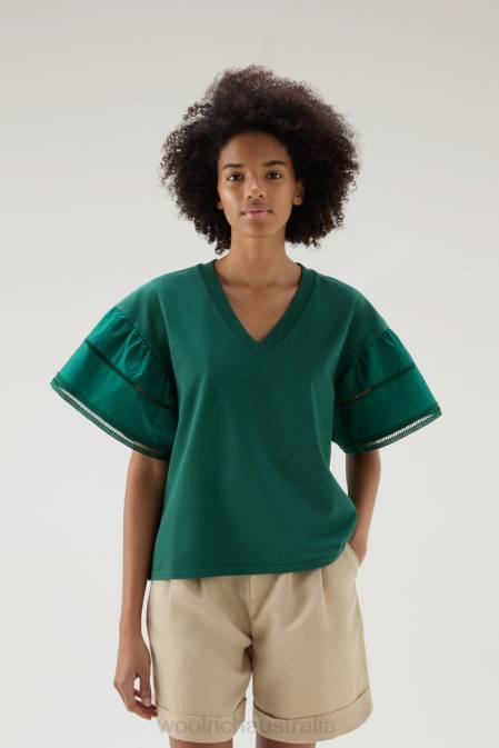 Woolrich Women Lakeside T-shirt in Pure Cotton with Puff Sleeves Evergreen Clothing J026128