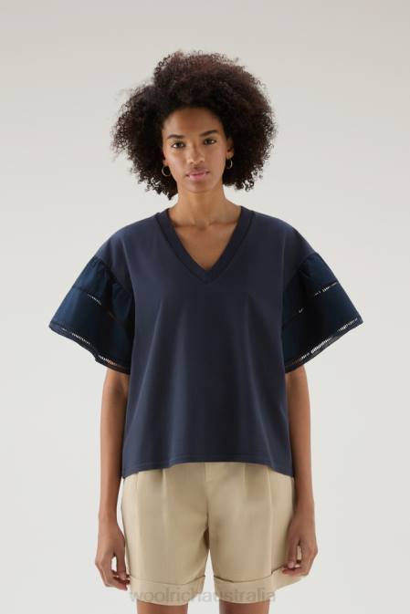 Woolrich Women Lakeside T-shirt in Pure Cotton with Puff Sleeves Melton Blue Clothing J026126