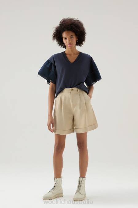 Woolrich Women Lakeside T-shirt in Pure Cotton with Puff Sleeves Melton Blue Clothing J026126