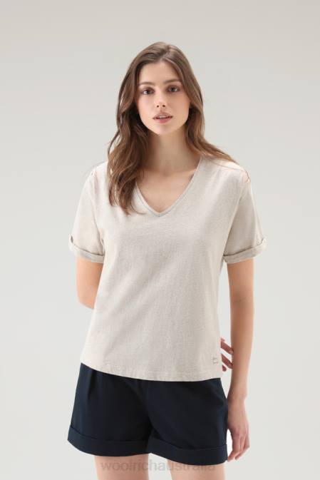 Woolrich Women T-shirt in Cotton Linen Blend with V-neck Beach Sand Clothing J02696