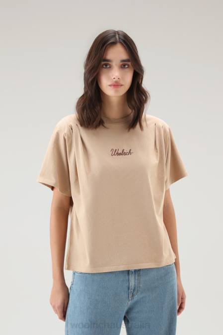Woolrich Women T-shirt in Pure Cotton with Pleated Shoulders Feather Beige Clothing J026119