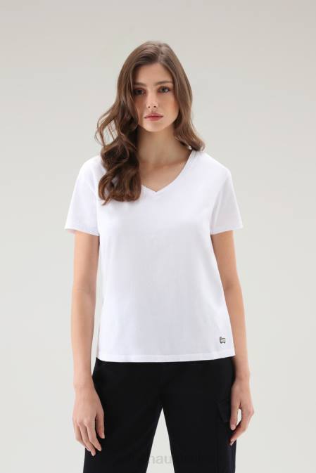 Woolrich Women V-neck T-shirt in Pure Cotton Bright White Clothing J02671