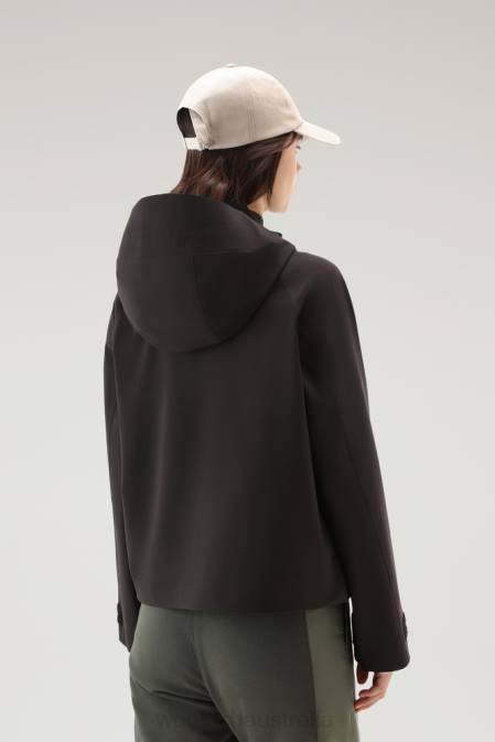 Woolrich Women Tech Commuting Short Hooded Jacket in Stretch Nylon Black Clothing J02616