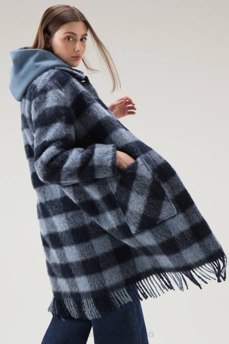 Woolrich Women Brushed Wool Long Overshirt with Fringe Blue Buffalo Clothing J026241