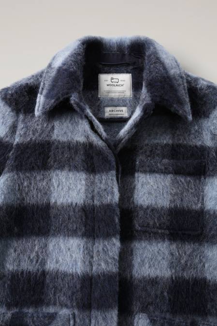 Woolrich Women Brushed Wool Long Overshirt with Fringe Blue Buffalo Clothing J026241