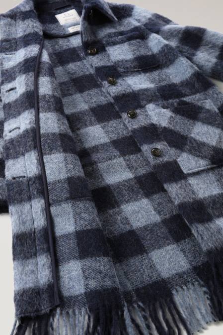 Woolrich Women Brushed Wool Long Overshirt with Fringe Blue Buffalo Clothing J026241