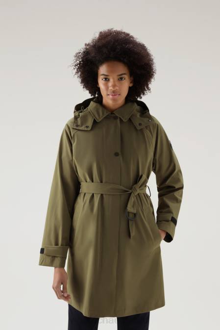 Woolrich Women Fayette Light Trench Coat with Detachable Hood Dark Green Clothing J026203