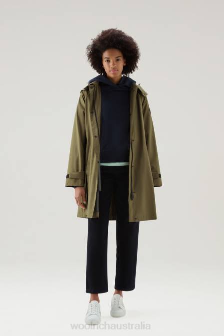 Woolrich Women Fayette Light Trench Coat with Detachable Hood Dark Green Clothing J026203