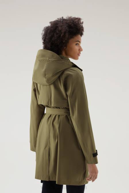 Woolrich Women Fayette Light Trench Coat with Detachable Hood Dark Green Clothing J026203
