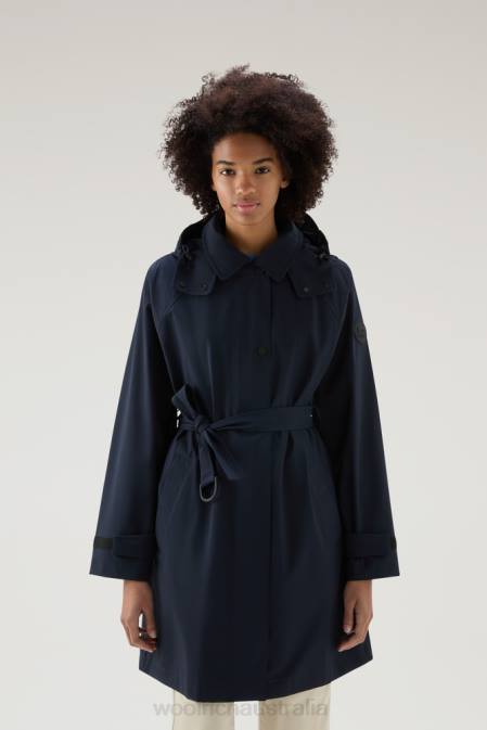 Woolrich Women Fayette Light Trench Coat with Detachable Hood Melton Blue Clothing J02627
