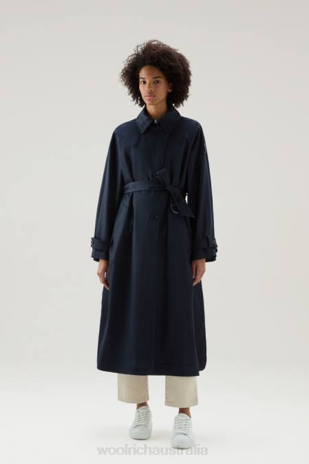 Woolrich Women Lakeside Cotton Trench Coat Melton Blue Clothing J026115