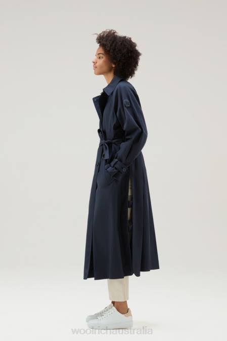 Woolrich Women Lakeside Cotton Trench Coat Melton Blue Clothing J026115