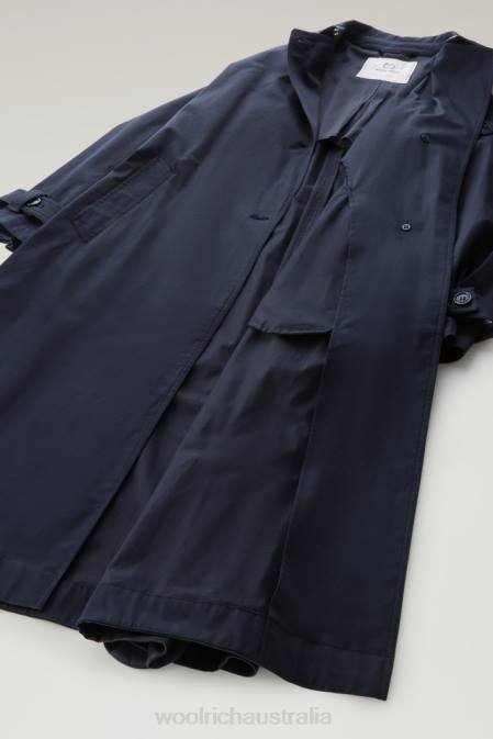 Woolrich Women Lakeside Cotton Trench Coat Melton Blue Clothing J026115
