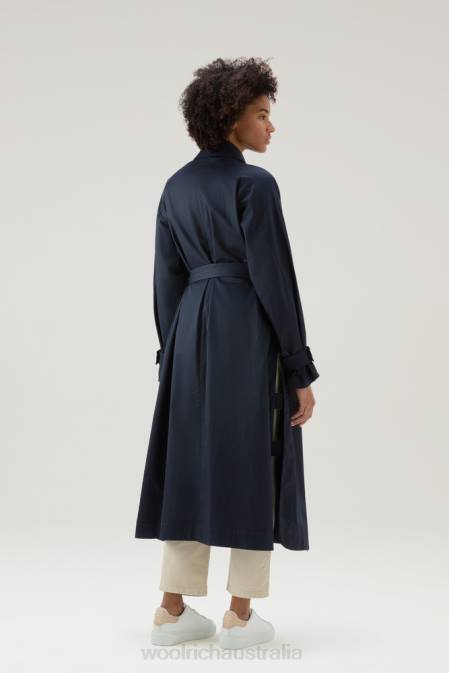 Woolrich Women Lakeside Cotton Trench Coat Melton Blue Clothing J026115