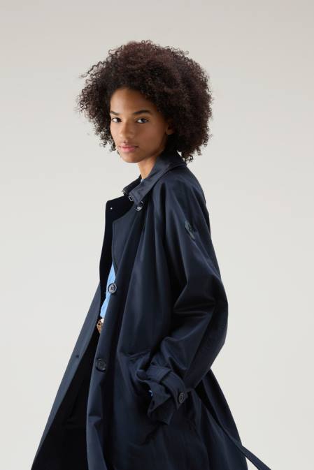 Woolrich Women Lakeside Cotton Trench Coat Melton Blue Clothing J026115