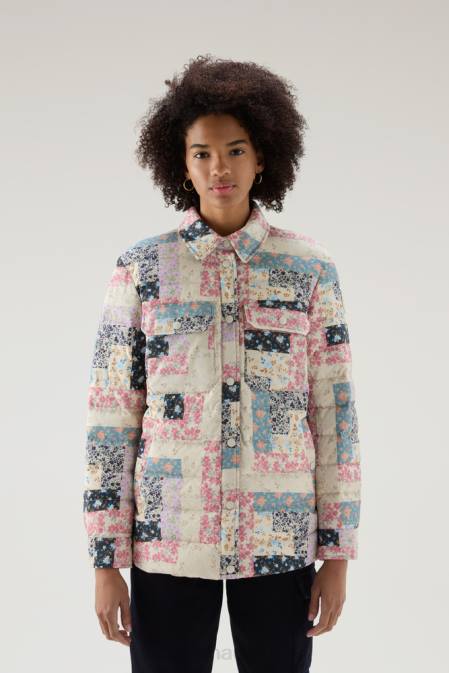 Woolrich Women Pennsylvania Quilted Overshirt with Patchwork Print Cream Patchwork Clothing J02626