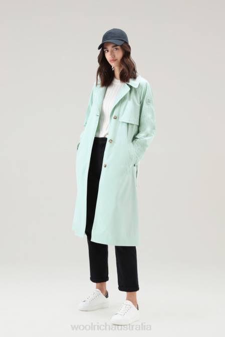 Woolrich Women Summer Trench in Urban Touch Fabric with Belted Waist Harbor Green Clothing J02662