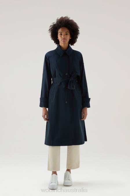 Woolrich Women Summer Trench in Urban Touch Fabric with Belted Waist Melton Blue Clothing J0267