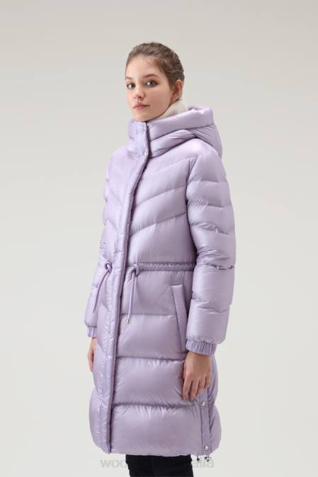 Woolrich Women Aliquippa Silky Long Down Jacket with a Drawstring Waist Lilac Dawn Clothing J026263