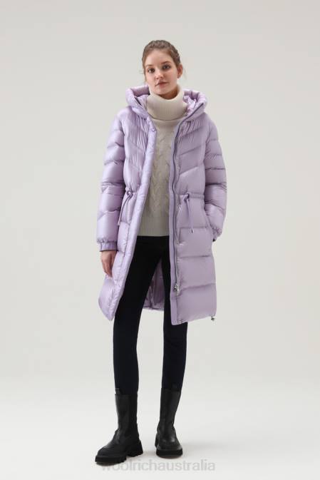 Woolrich Women Aliquippa Silky Long Down Jacket with a Drawstring Waist Lilac Dawn Clothing J026263