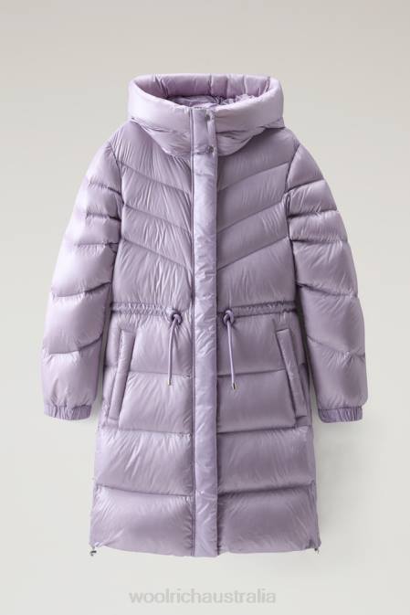Woolrich Women Aliquippa Silky Long Down Jacket with a Drawstring Waist Lilac Dawn Clothing J026263