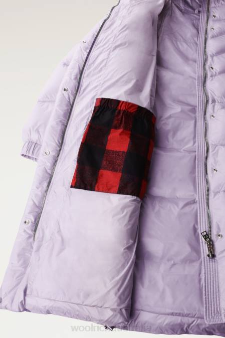 Woolrich Women Aliquippa Silky Long Down Jacket with a Drawstring Waist Lilac Dawn Clothing J026263
