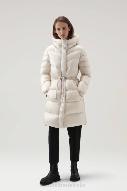 Woolrich Women Aliquippa Silky Long Down Jacket with a Drawstring Waist Milky Cream Clothing J026285