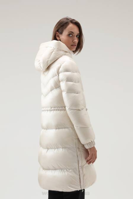 Woolrich Women Aliquippa Silky Long Down Jacket with a Drawstring Waist Milky Cream Clothing J026285