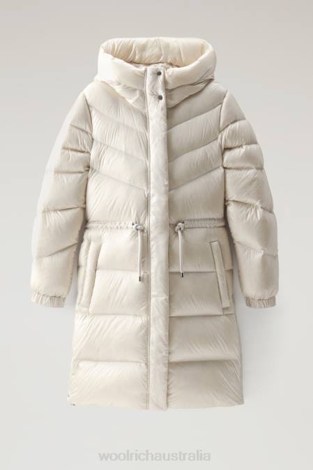 Woolrich Women Aliquippa Silky Long Down Jacket with a Drawstring Waist Milky Cream Clothing J026285